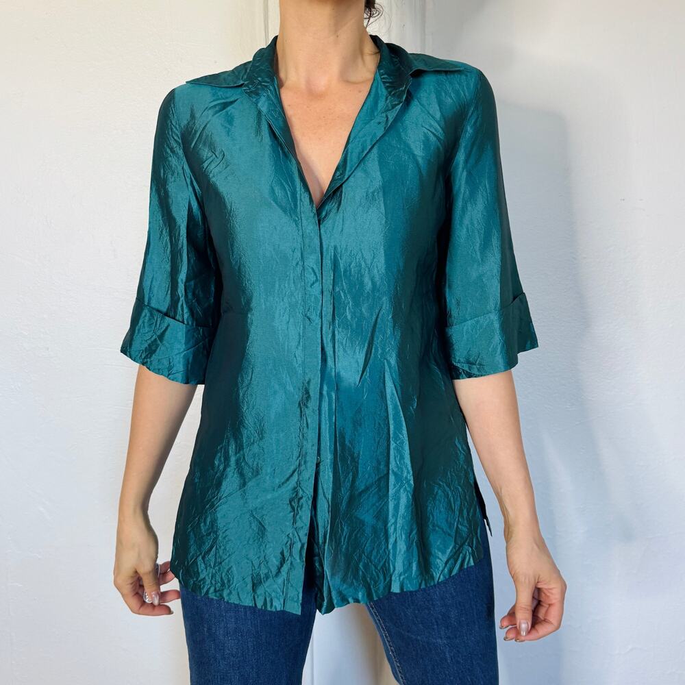 Y2K Teal Silk 3/4 sleeve‎ Blouse Size 6